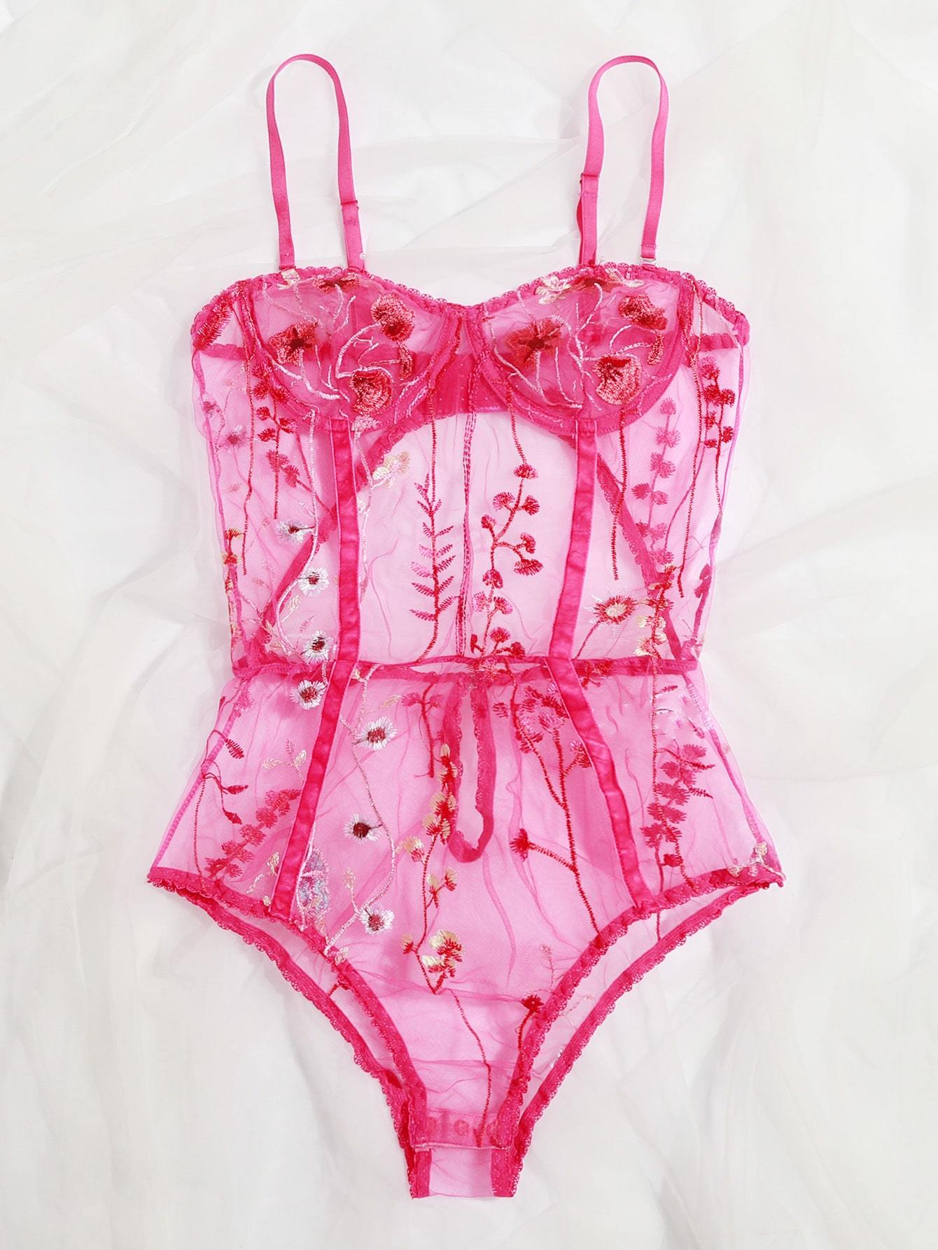 Floral Embroidered Mesh Underwire Teddy Bodysuit - INS | Online Fashion Free Shipping Clothing, Dresses, Tops, Shoes