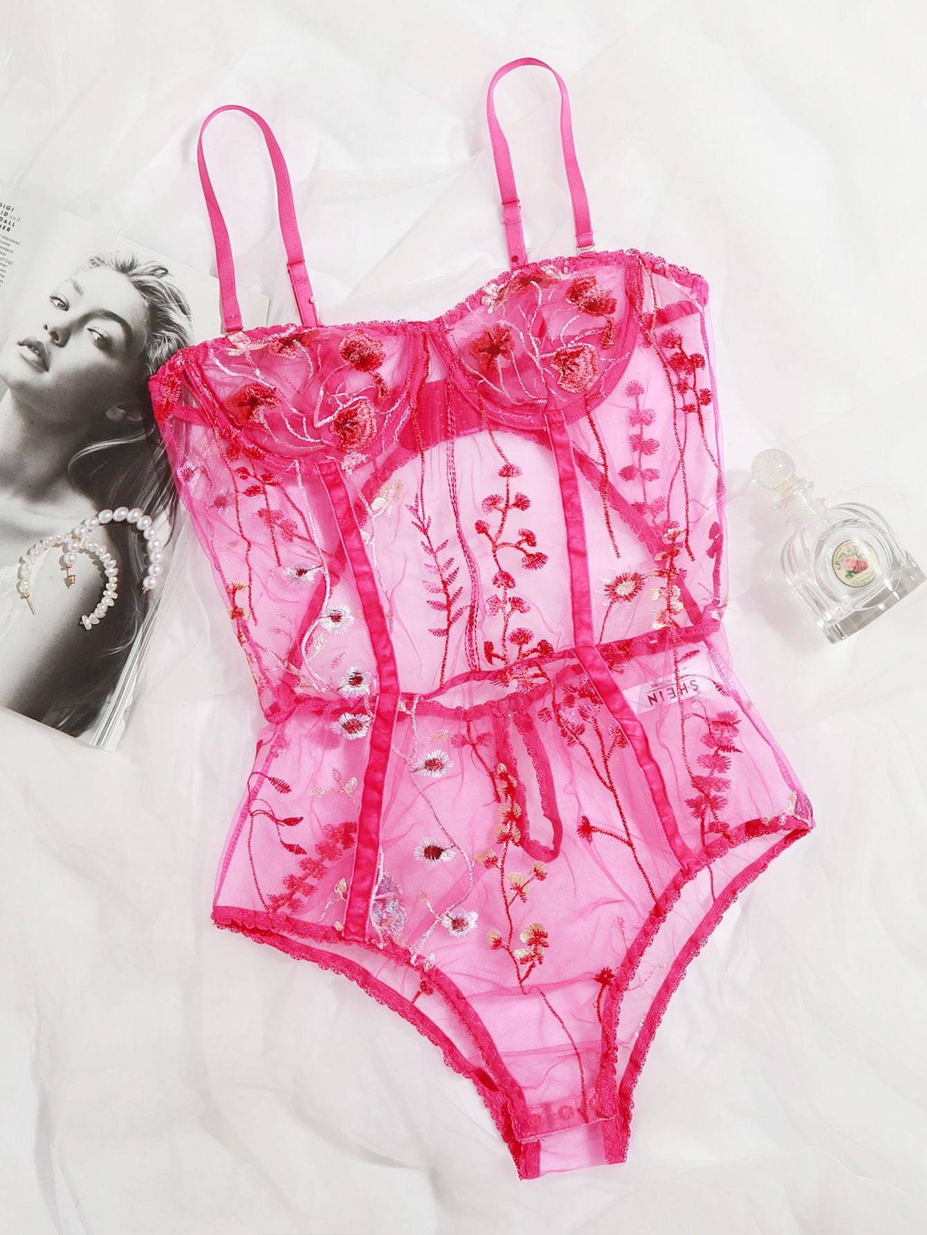 Floral Embroidered Mesh Underwire Teddy Bodysuit - INS | Online Fashion Free Shipping Clothing, Dresses, Tops, Shoes