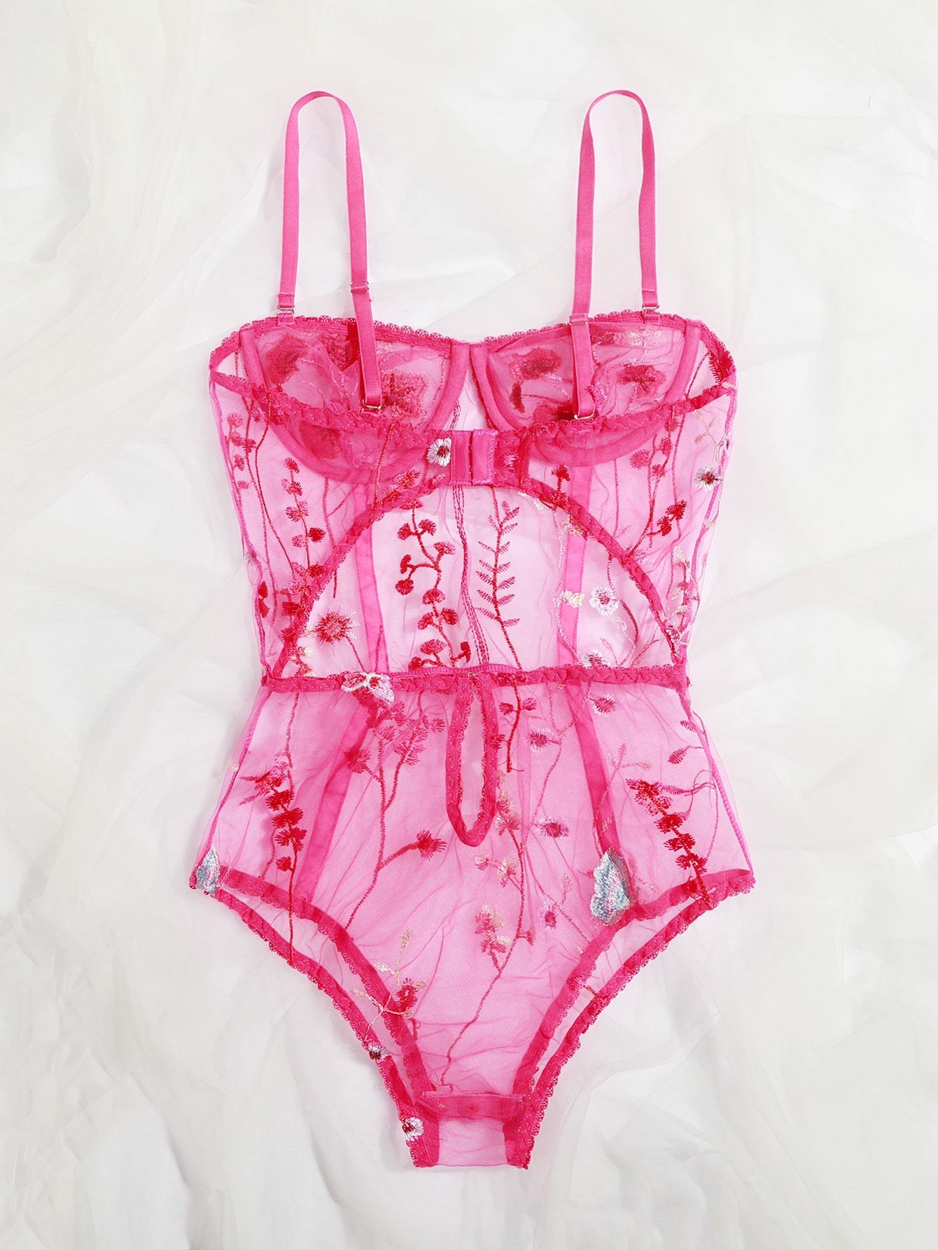 Floral Embroidered Mesh Underwire Teddy Bodysuit - INS | Online Fashion Free Shipping Clothing, Dresses, Tops, Shoes