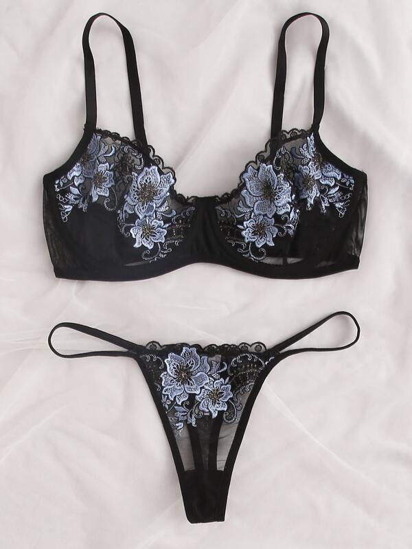 Floral Embroidered Underwire Mesh Lingerie Set - INS | Online Fashion Free Shipping Clothing, Dresses, Tops, Shoes