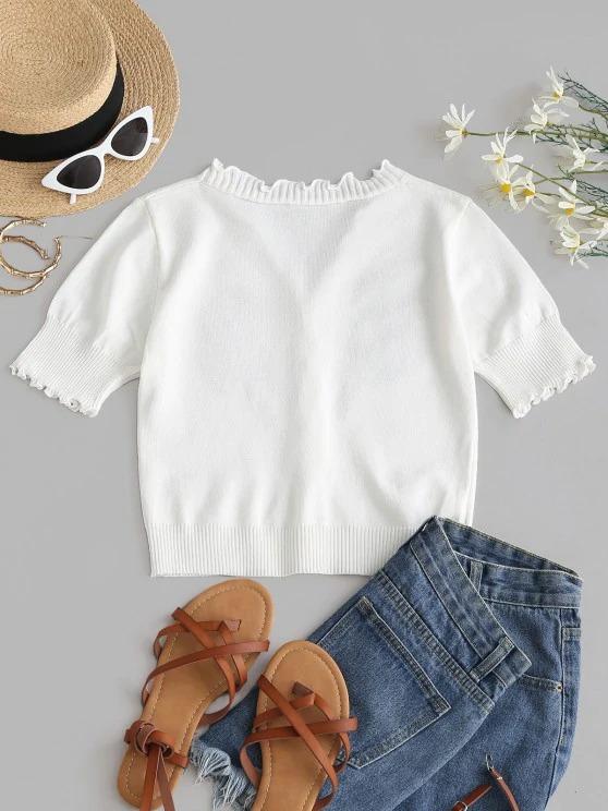 Floral Embroidery Slim Lettuce Knitwear Top - INS | Online Fashion Free Shipping Clothing, Dresses, Tops, Shoes