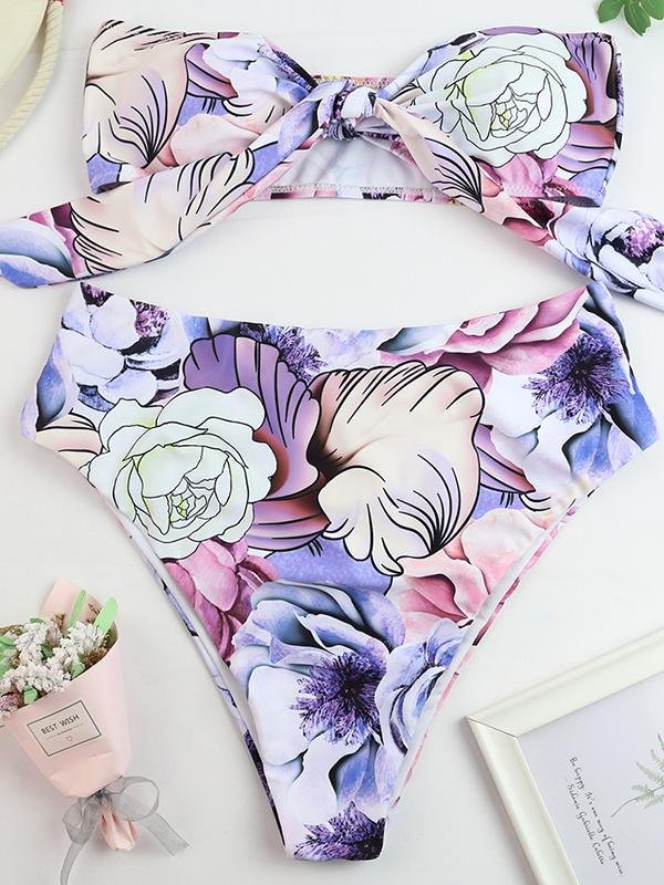 Floral High Waist Knotted Bandeau Brazilian Bikini - Bikinis - INS | Online Fashion Free Shipping Clothing, Dresses, Tops, Shoes - 14/04/2021 - Bikinis - Colour_Pink