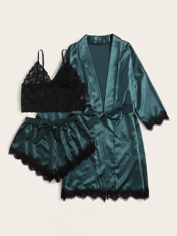Floral Lace Bralette With Satin Shorts & Belted Robe - INS | Online Fashion Free Shipping Clothing, Dresses, Tops, Shoes