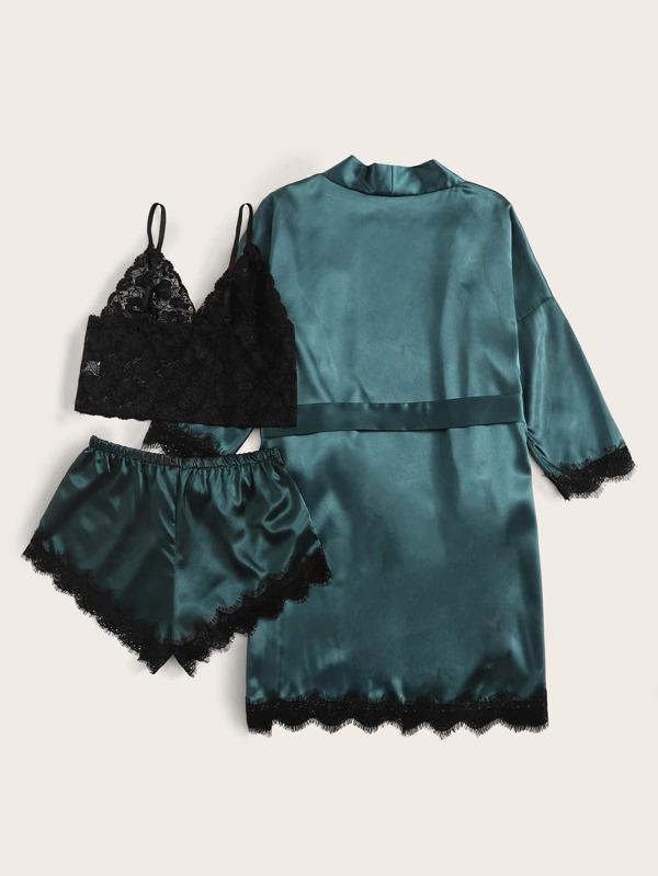 Floral Lace Bralette With Satin Shorts & Belted Robe - INS | Online Fashion Free Shipping Clothing, Dresses, Tops, Shoes