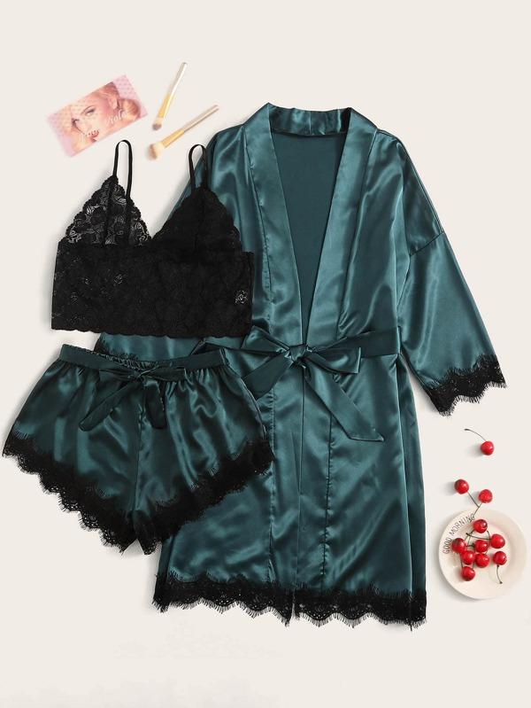 Floral Lace Bralette With Satin Shorts & Belted Robe - INS | Online Fashion Free Shipping Clothing, Dresses, Tops, Shoes