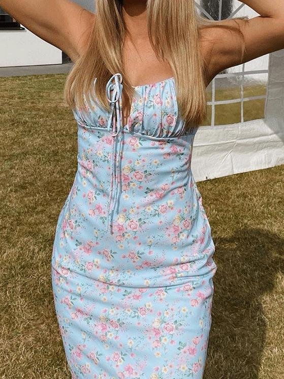 Floral Open Back Wrap Maxi Bodycon Dress - Maxi Dresses - INS | Online Fashion Free Shipping Clothing, Dresses, Tops, Shoes - 09/04/2021 - Color_Sky Blue - DRE210409735
