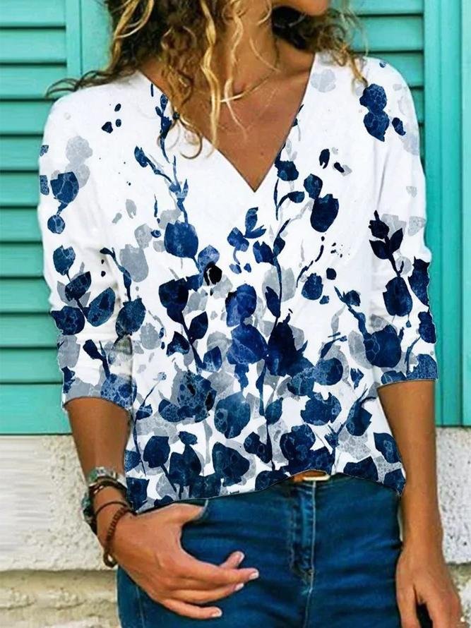 Floral Print 3/4 Sleeve V-neck Top - T-Shirts - INS | Online Fashion Free Shipping Clothing, Dresses, Tops, Shoes - 20-30 - 23/06/2021 - color-blue