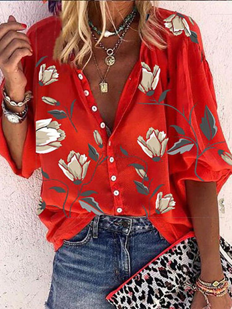 Floral Print Button Front Lantern Sleeve Shirt - Blouses - INS | Online Fashion Free Shipping Clothing, Dresses, Tops, Shoes - 29/04/2021 - BLO210429038 - Blouses