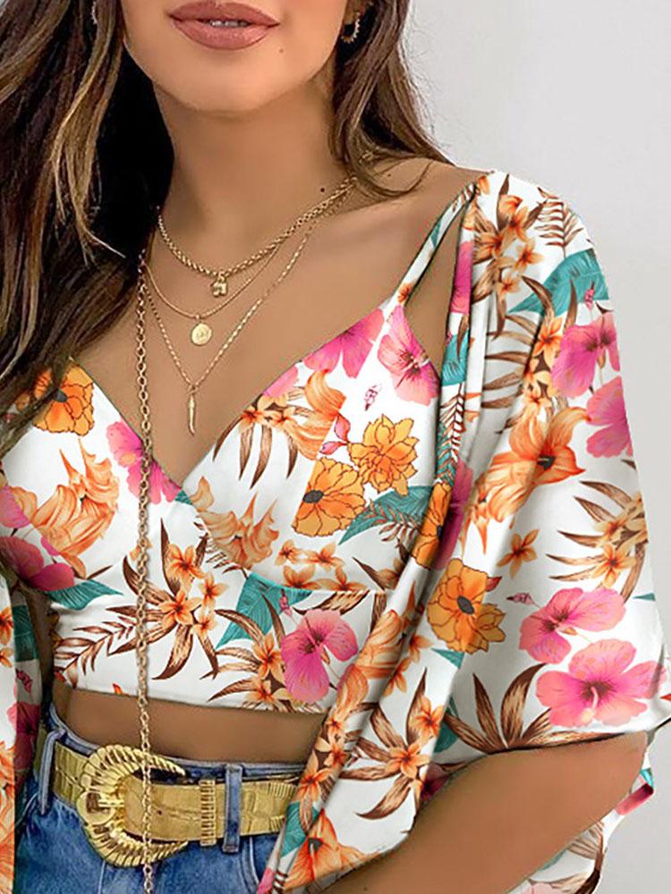 Floral Print Crop Top & Ruffles Cover Up Set - Tank Tops - INS | Online Fashion Free Shipping Clothing, Dresses, Tops, Shoes - 28/04/2021 - Color_Green - Color_Multicolor