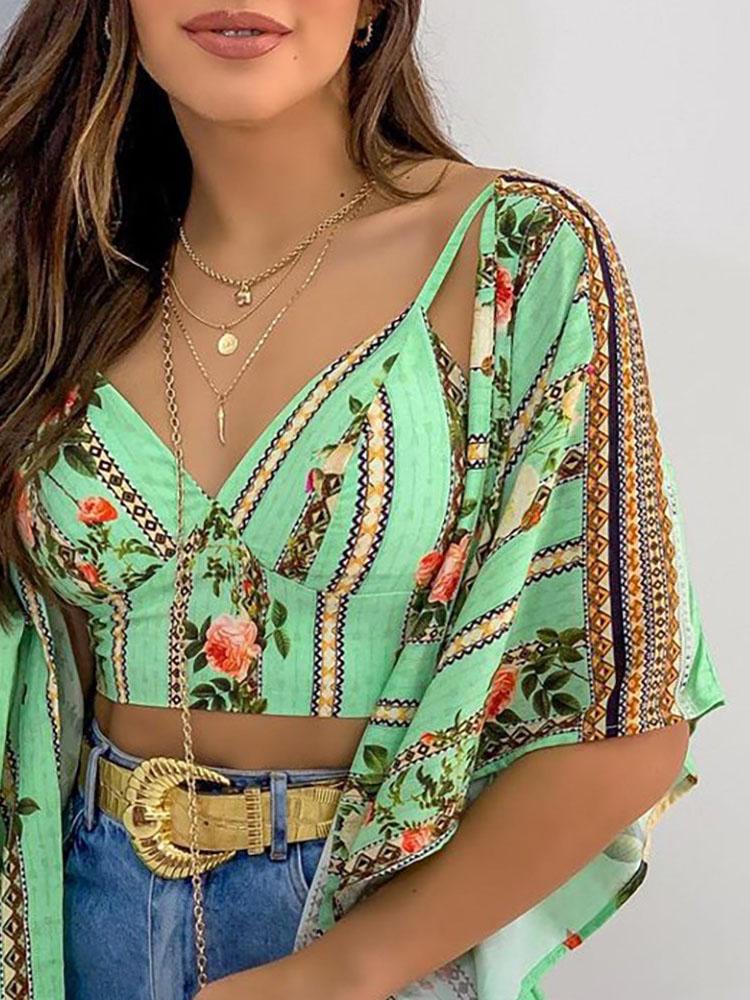 Floral Print Crop Top & Ruffles Cover Up Set - Tank Tops - INS | Online Fashion Free Shipping Clothing, Dresses, Tops, Shoes - 28/04/2021 - Color_Green - Color_Multicolor