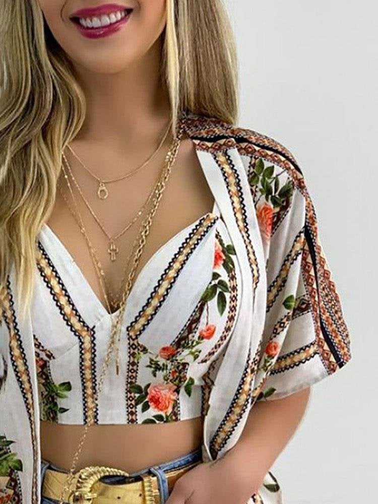 Floral Print Crop Top & Ruffles Cover Up Set - Tank Tops - INS | Online Fashion Free Shipping Clothing, Dresses, Tops, Shoes - 28/04/2021 - Color_Green - Color_Multicolor
