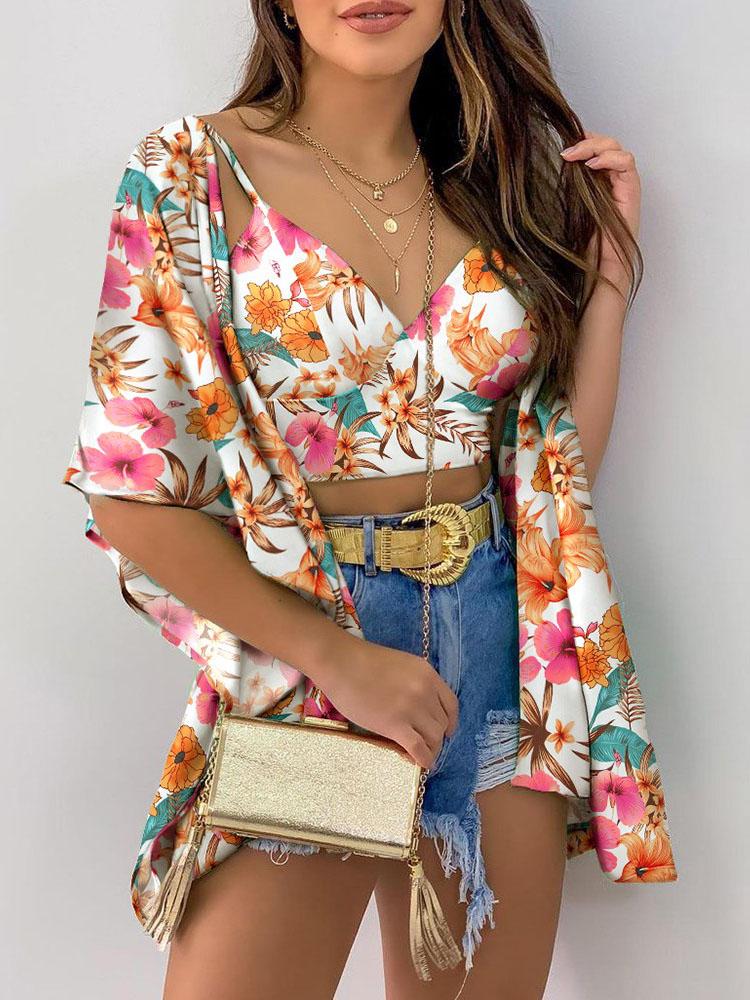 Floral Print Crop Top & Ruffles Cover Up Set - Tank Tops - INS | Online Fashion Free Shipping Clothing, Dresses, Tops, Shoes - 28/04/2021 - Color_Green - Color_Multicolor