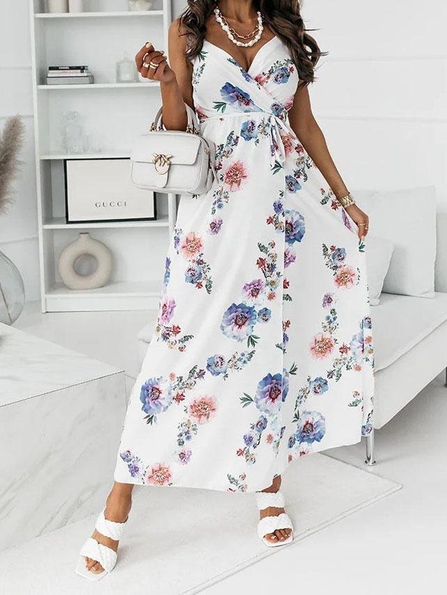 Floral Print Deep V-neck Sleeveless Belt Slit Dress - Maxi Dresses - INS | Online Fashion Free Shipping Clothing, Dresses, Tops, Shoes - 09/07/2021 - 20-30 - Category_Maxi Dresses