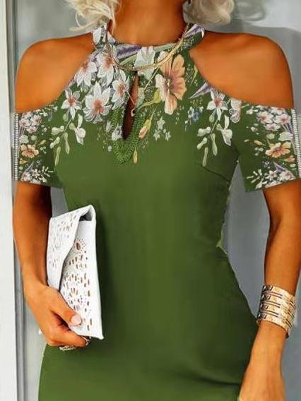 Floral Print Leaky Shoulder Mini Dress - Mini Dresses - INS | Online Fashion Free Shipping Clothing, Dresses, Tops, Shoes - 07/06/2021 - Category_Mini Dresses - Color_Blue