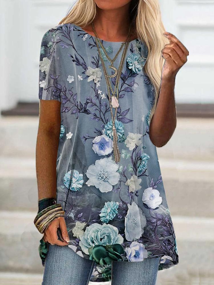 Floral Print Loose Short Sleeve Top - T-shirts - INS | Online Fashion Free Shipping Clothing, Dresses, Tops, Shoes - 01/07/2021 - 10-20 - color-blue