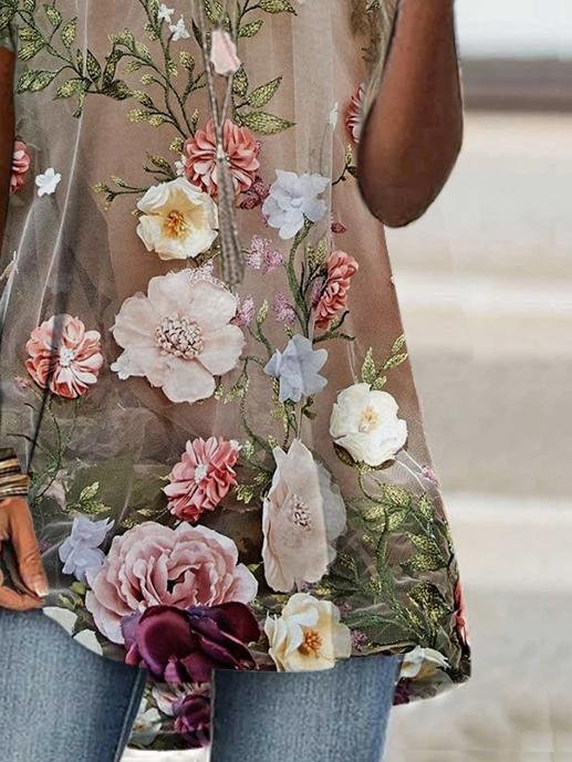 Floral Print Loose Short Sleeve Top - T-shirts - INS | Online Fashion Free Shipping Clothing, Dresses, Tops, Shoes - 01/07/2021 - 10-20 - color-blue