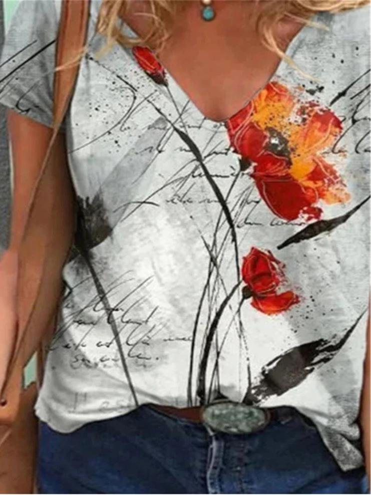 Floral Print Loose Short-sleeved Top - T-shirts - INS | Online Fashion Free Shipping Clothing, Dresses, Tops, Shoes - 10-20 - 21/06/2021 - color-gray