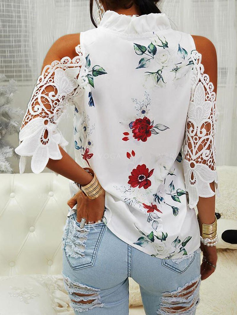 Floral Print Off-Shoulder Lace Stitching Long Sleeves Blouses - Blouses - INS | Online Fashion Free Shipping Clothing, Dresses, Tops, Shoes - 02/07/2021 - 20-30 - BLO2107021142