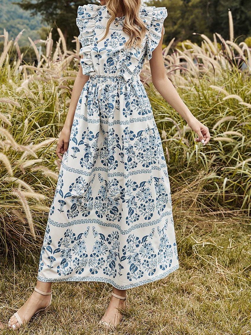 Floral Print Open Back Short Sleeve Dress - Midi Dresses - INS | Online Fashion Free Shipping Clothing, Dresses, Tops, Shoes - 24/06/2021 - 30-40 - Category_Midi Dresses