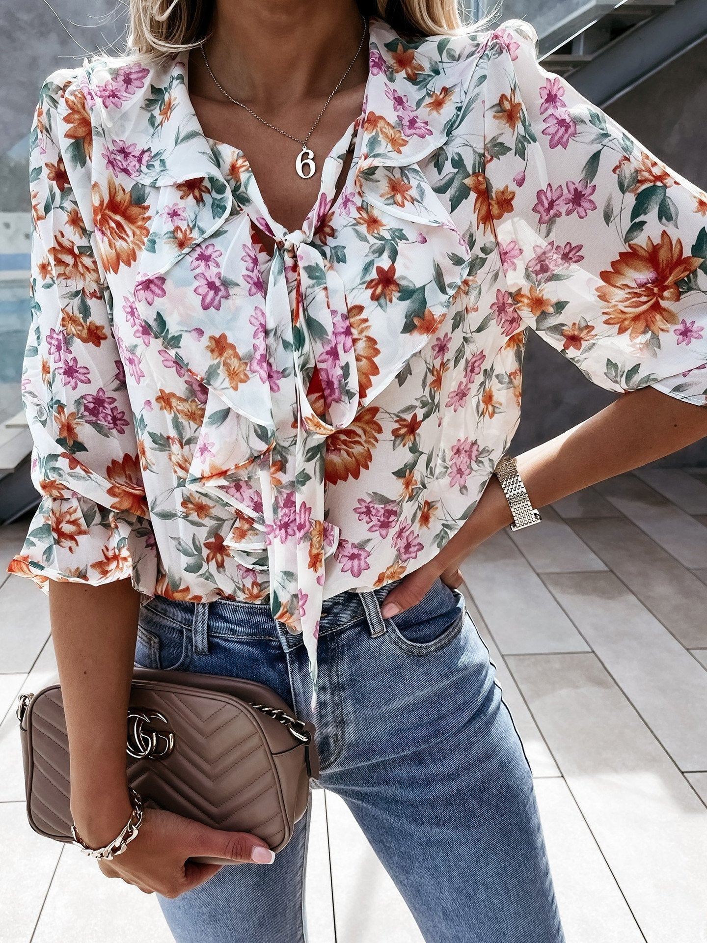 Floral Print Pleated Long Sleeve Blouses - Blouses - INS | Online Fashion Free Shipping Clothing, Dresses, Tops, Shoes - BLO210601296 - Category_Blouses - Color_Black