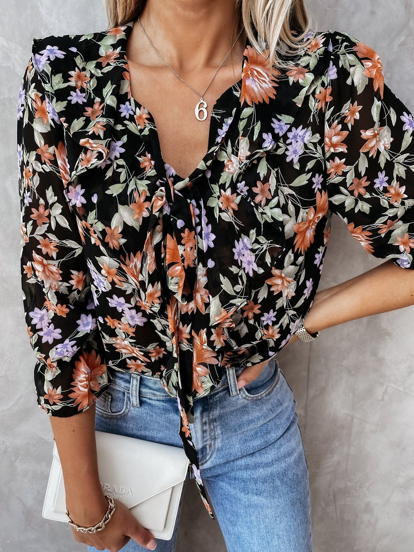 Floral Print Pleated Long Sleeve Blouses - Blouses - INS | Online Fashion Free Shipping Clothing, Dresses, Tops, Shoes - BLO210601296 - Category_Blouses - Color_Black
