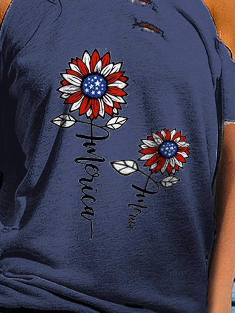 Floral Print Round Neck Off Shoulder Short Sleeve T-shirt - T-Shirts - INS | Online Fashion Free Shipping Clothing, Dresses, Tops, Shoes - 10/06/2021 - Category_T-Shirts - Color_Blue