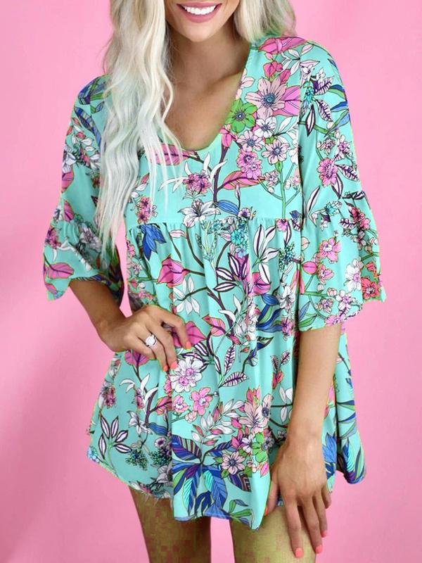 Floral Print Round Neck Short Sleeve Loose T-shirt - T-shirts - INS | Online Fashion Free Shipping Clothing, Dresses, Tops, Shoes - 17/06/2021 - 20-30 - color-blue