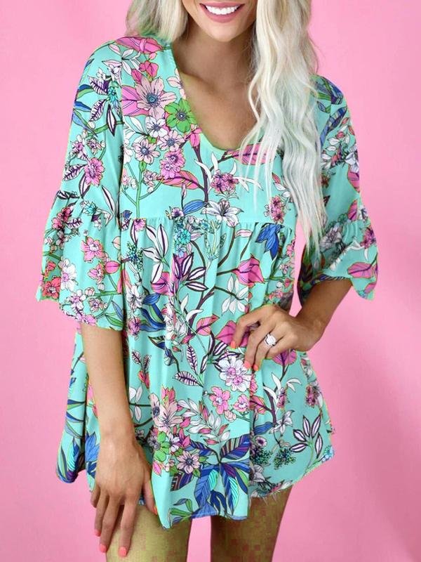 Floral Print Round Neck Short Sleeve Loose T-shirt - T-shirts - INS | Online Fashion Free Shipping Clothing, Dresses, Tops, Shoes - 17/06/2021 - 20-30 - color-blue
