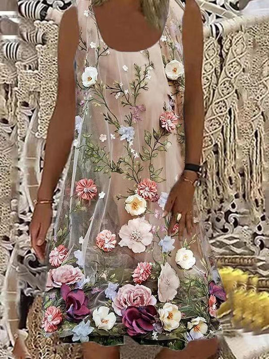 Floral Print Round Neck Sleeveless Mini Dresses - Mini Dresses - INS | Online Fashion Free Shipping Clothing, Dresses, Tops, Shoes - 02/06/2021 - Color_Khaki - DRE2106021166