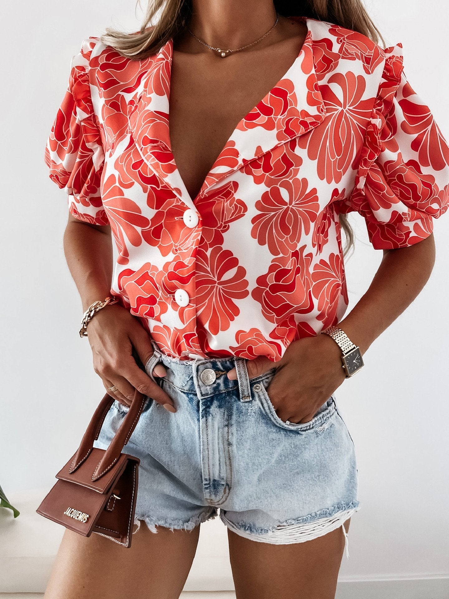 Floral Print Ruffled Single Breasted Short Sleeve Blouses - Blouses - INS | Online Fashion Free Shipping Clothing, Dresses, Tops, Shoes - 14/07/2021 - 20-30 - BLO2107141192