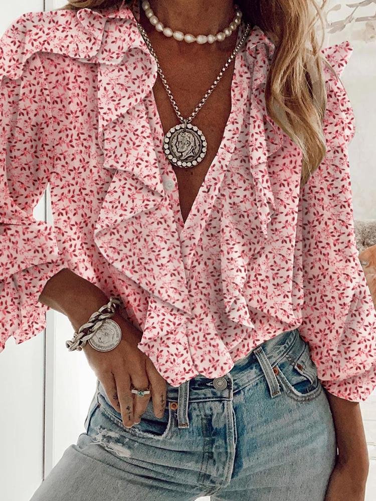 Floral Print Ruffles Long Sleeve Top - Blouses - INS | Online Fashion Free Shipping Clothing, Dresses, Tops, Shoes - 28/04/2021 - BLO210428056 - Blouses