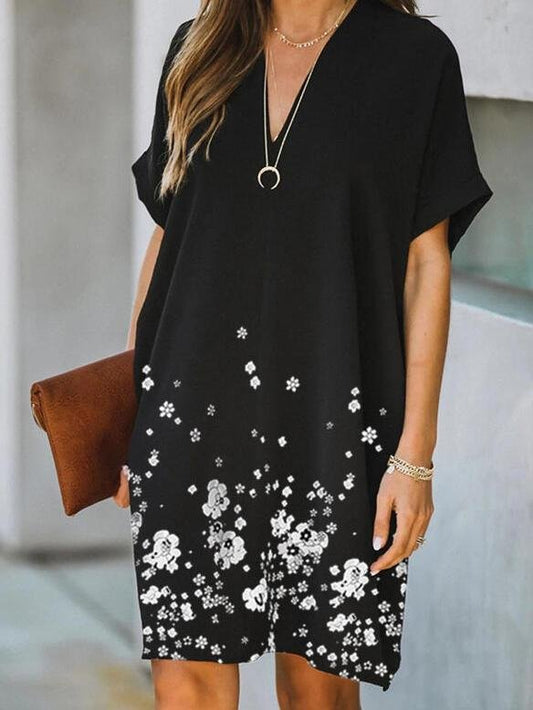 Floral Print Short Sleeve Casual Dress - Midi Dresses - INS | Online Fashion Free Shipping Clothing, Dresses, Tops, Shoes - 11/06/2021 - Category_Midi Dresses - Color_Black