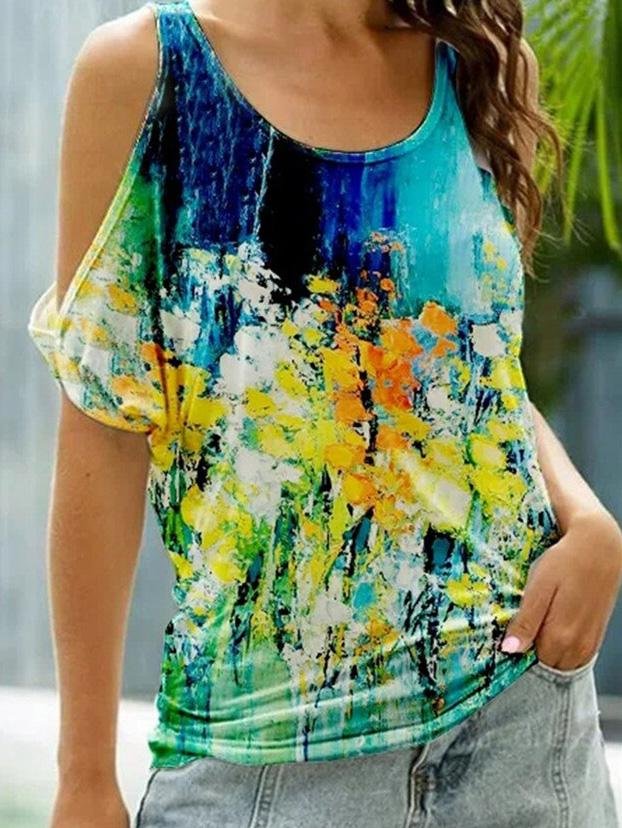 Floral Print Short Sleeve Off The Shoulder Casual T-Shirt - T-Shirts - INS | Online Fashion Free Shipping Clothing, Dresses, Tops, Shoes - 10-20 - 17/07/2021 - Category_T-Shirts