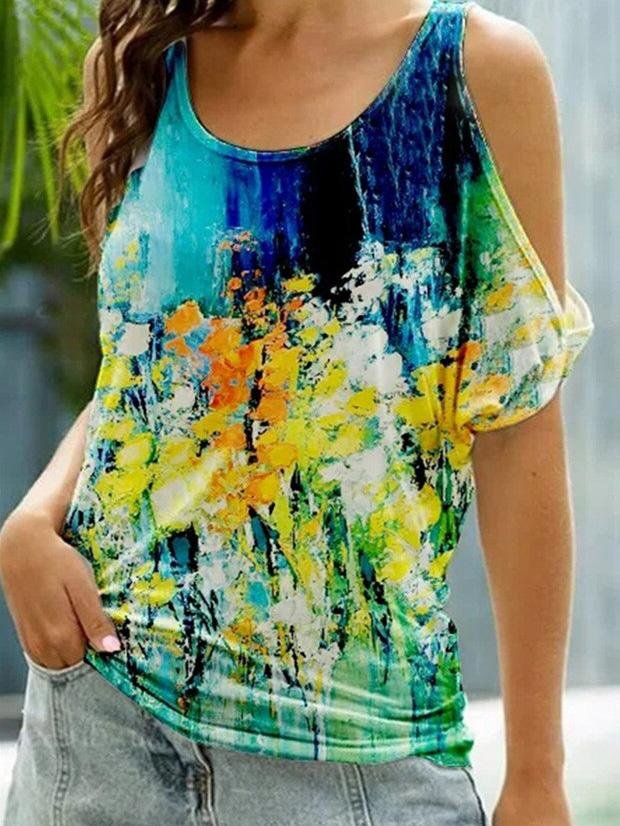 Floral Print Short Sleeve Off The Shoulder Casual T-Shirt - T-Shirts - INS | Online Fashion Free Shipping Clothing, Dresses, Tops, Shoes - 10-20 - 17/07/2021 - Category_T-Shirts