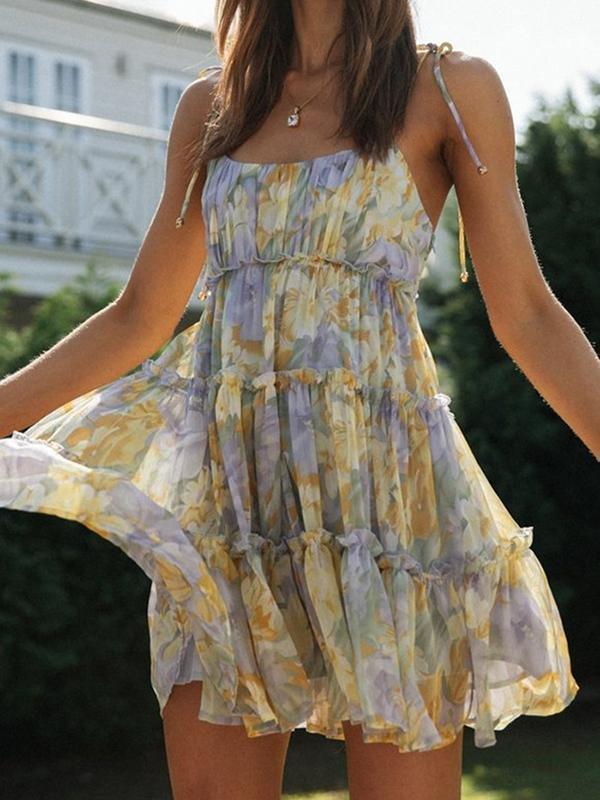 Floral Print Suspender Chiffon Seaside Beach Dress - Mini Dresses - INS | Online Fashion Free Shipping Clothing, Dresses, Tops, Shoes - 21/04/2021 - Color_Green - Color_Pink Green