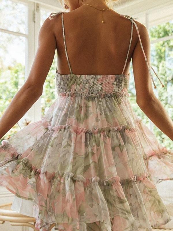 Floral Print Suspender Chiffon Seaside Beach Dress - Mini Dresses - INS | Online Fashion Free Shipping Clothing, Dresses, Tops, Shoes - 21/04/2021 - Color_Green - Color_Pink Green