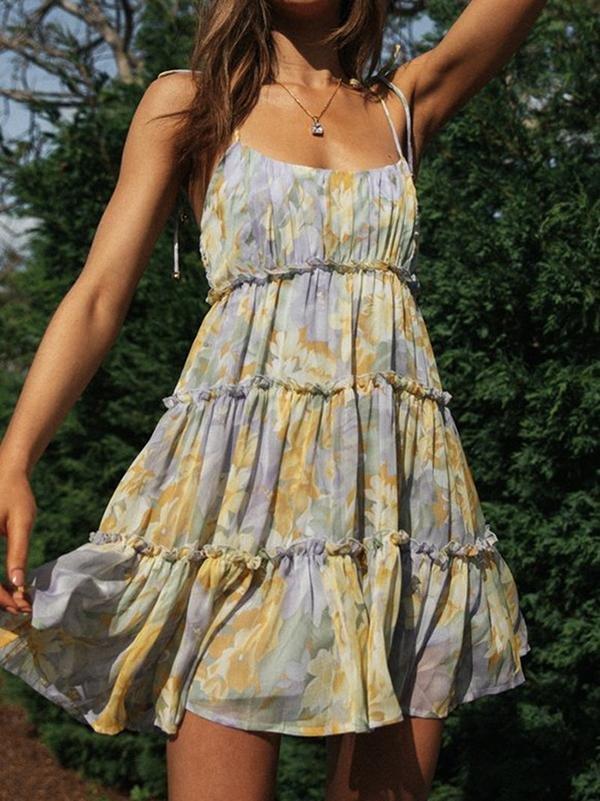 Floral Print Suspender Chiffon Seaside Beach Dress - Mini Dresses - INS | Online Fashion Free Shipping Clothing, Dresses, Tops, Shoes - 21/04/2021 - Color_Green - Color_Pink Green