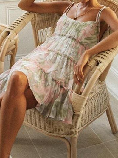 Floral Print Suspender Chiffon Seaside Beach Dress - Mini Dresses - INS | Online Fashion Free Shipping Clothing, Dresses, Tops, Shoes - 21/04/2021 - Color_Green - Color_Pink Green
