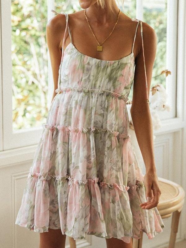 Floral Print Suspender Chiffon Seaside Beach Dress - Mini Dresses - INS | Online Fashion Free Shipping Clothing, Dresses, Tops, Shoes - 21/04/2021 - Color_Green - Color_Pink Green