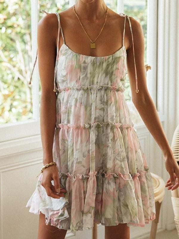 Floral Print Suspender Chiffon Seaside Beach Dress - Mini Dresses - INS | Online Fashion Free Shipping Clothing, Dresses, Tops, Shoes - 21/04/2021 - Color_Green - Color_Pink Green