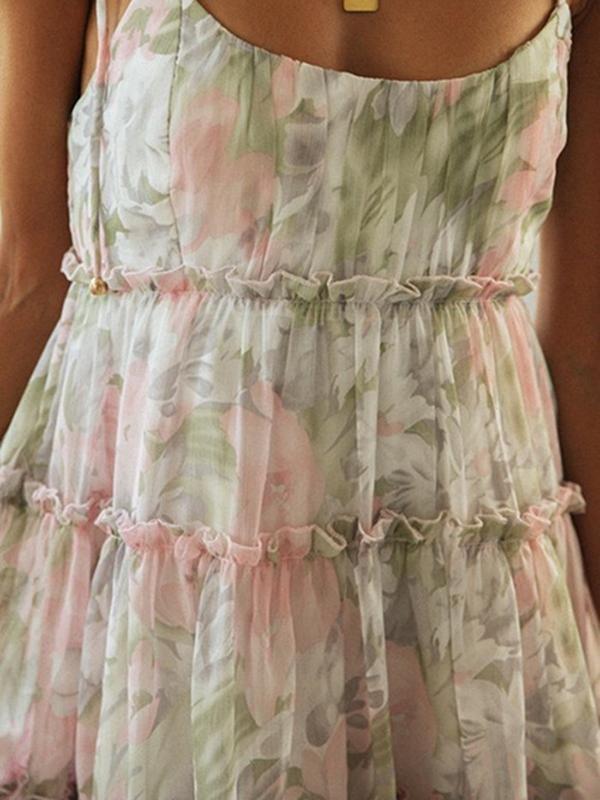 Floral Print Suspender Chiffon Seaside Beach Dress - Mini Dresses - INS | Online Fashion Free Shipping Clothing, Dresses, Tops, Shoes - 21/04/2021 - Color_Green - Color_Pink Green