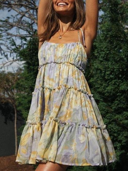 Floral Print Suspender Chiffon Seaside Beach Dress - Mini Dresses - INS | Online Fashion Free Shipping Clothing, Dresses, Tops, Shoes - 21/04/2021 - Color_Green - Color_Pink Green