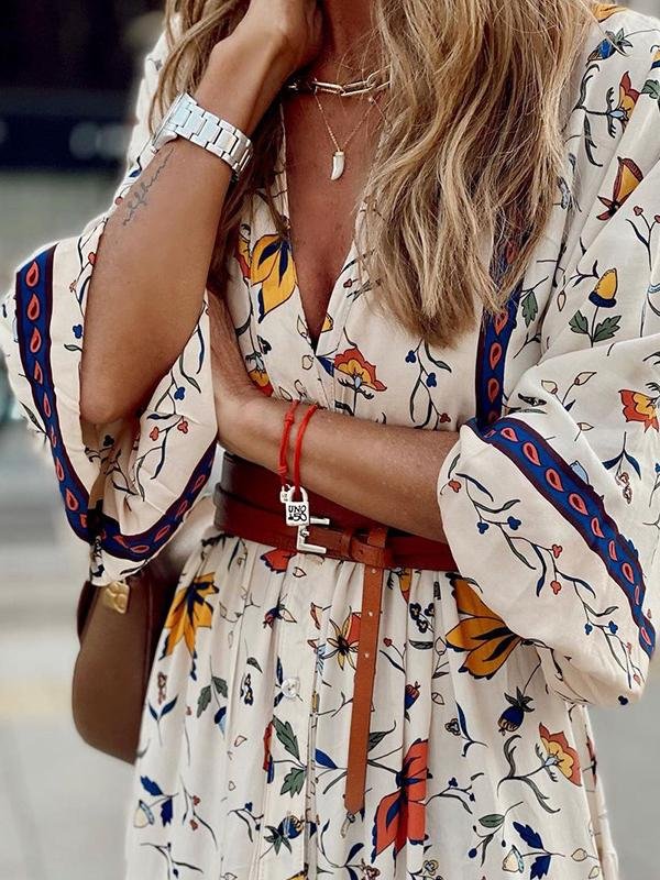 Floral Print V-neck 3/4 Sleeve Bohemian Dress - Maxi Dresses - INS | Online Fashion Free Shipping Clothing, Dresses, Tops, Shoes - 16/06/2021 - 30-40 - Category_Maxi Dresses