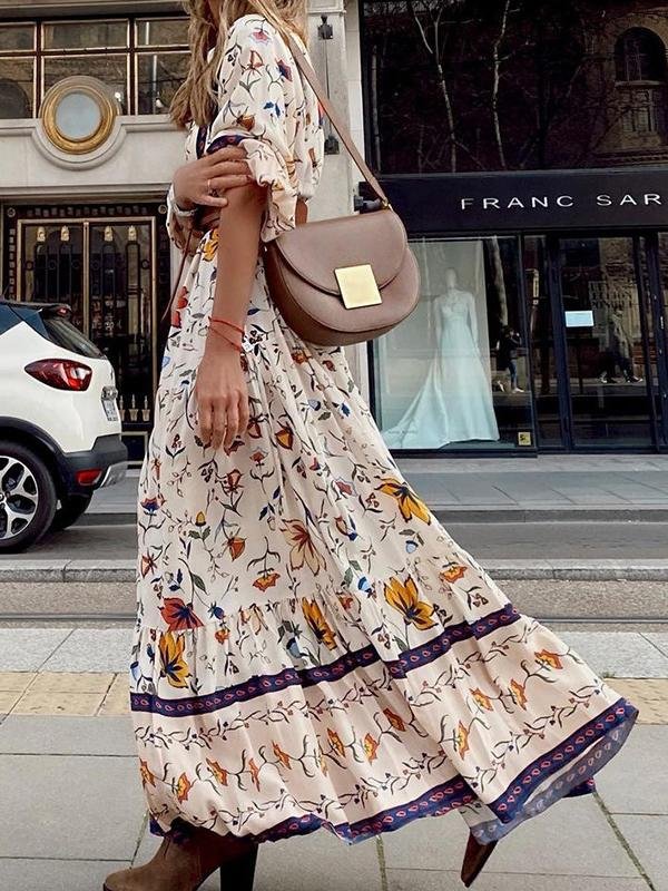 Floral Print V-neck 3/4 Sleeve Bohemian Dress - Maxi Dresses - INS | Online Fashion Free Shipping Clothing, Dresses, Tops, Shoes - 16/06/2021 - 30-40 - Category_Maxi Dresses
