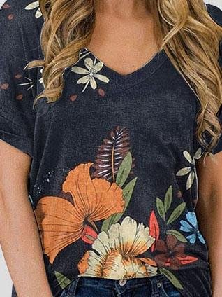 Floral Print V-neck Casual Top - T-shirts - INS | Online Fashion Free Shipping Clothing, Dresses, Tops, Shoes - 10-20 - 28/06/2021 - color-brown