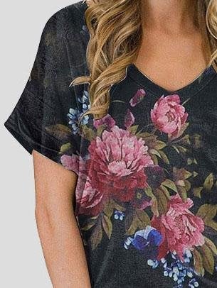 Floral Print V-neck Casual Top - T-shirts - INS | Online Fashion Free Shipping Clothing, Dresses, Tops, Shoes - 10-20 - 28/06/2021 - color-brown