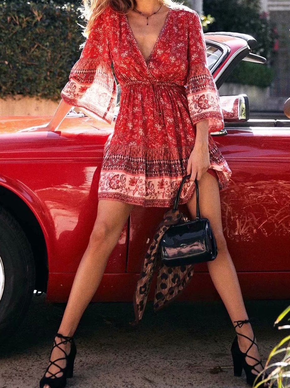 Floral Print V-neck Flared Sleeve Bohemian Dress - Mini Dresses - INS | Online Fashion Free Shipping Clothing, Dresses, Tops, Shoes - 11/06/2021 - Color_Blue - Color_Red