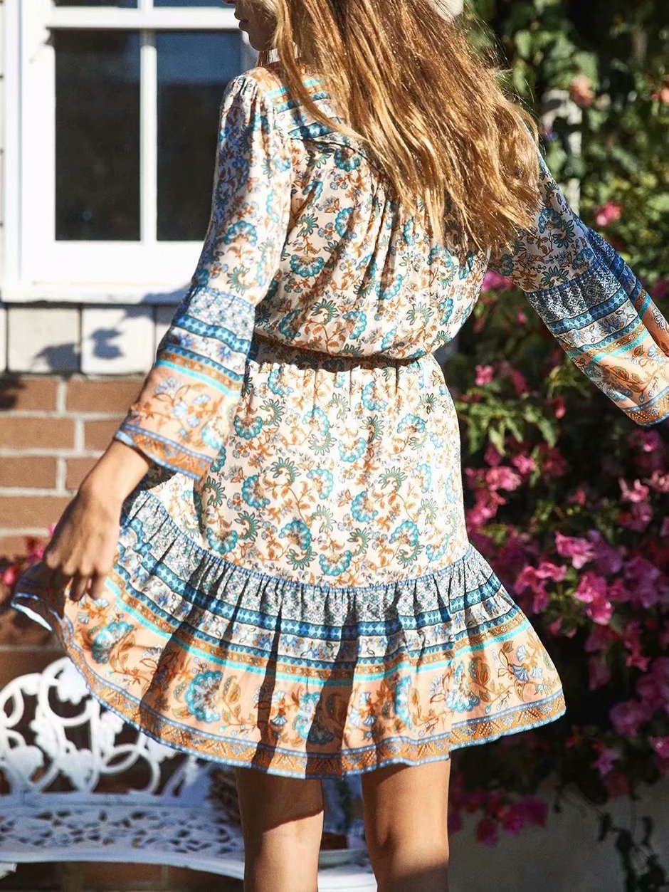 Floral Print V-neck Flared Sleeve Bohemian Dress - Mini Dresses - INS | Online Fashion Free Shipping Clothing, Dresses, Tops, Shoes - 11/06/2021 - Color_Blue - Color_Red