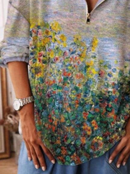 Floral Print Zip V-neck Top - T-shirts - INS | Online Fashion Free Shipping Clothing, Dresses, Tops, Shoes - 20-30 - 30/06/2021 - color-light-purple