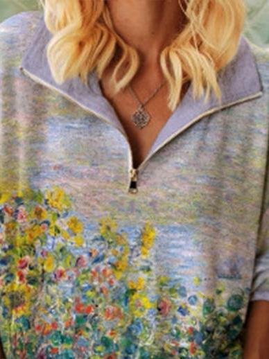 Floral Print Zip V-neck Top - T-shirts - INS | Online Fashion Free Shipping Clothing, Dresses, Tops, Shoes - 20-30 - 30/06/2021 - color-light-purple